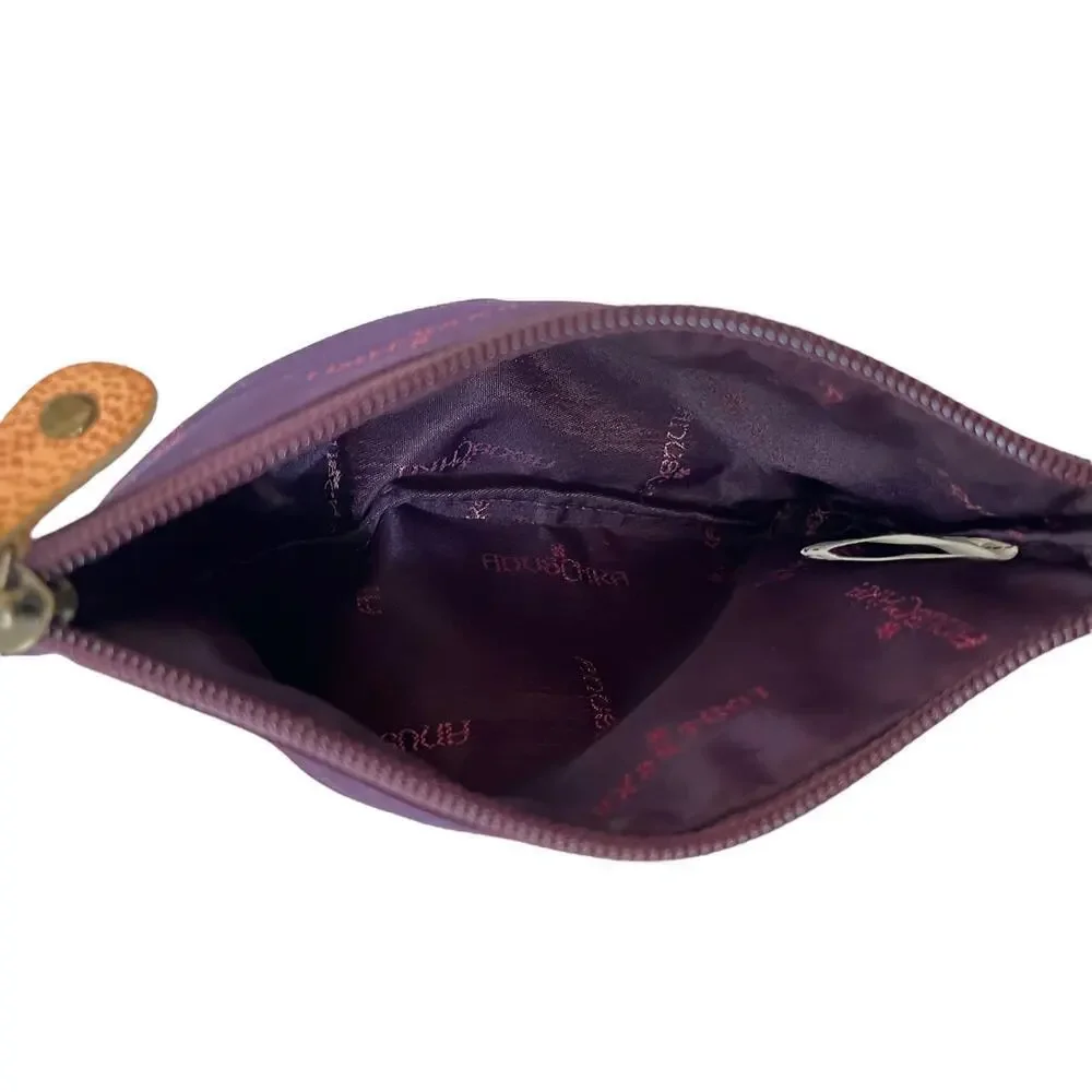 Anuschka Wine Red Jacquard Weave Satin Zip Top Pouch Bag Makeup Case Coin Purse